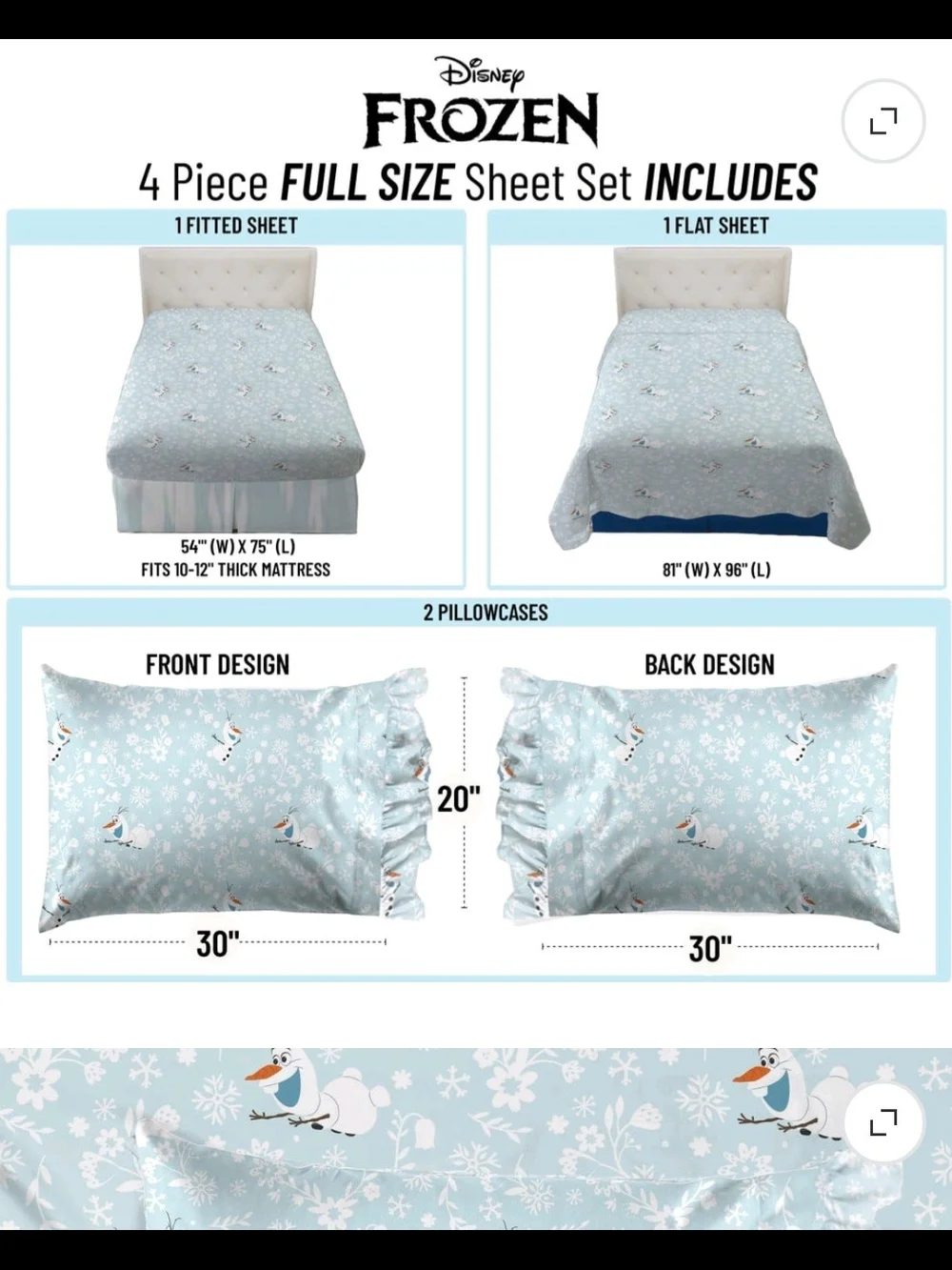 Full Size Disney Frozen Olaf Sheet Set in Light Blue